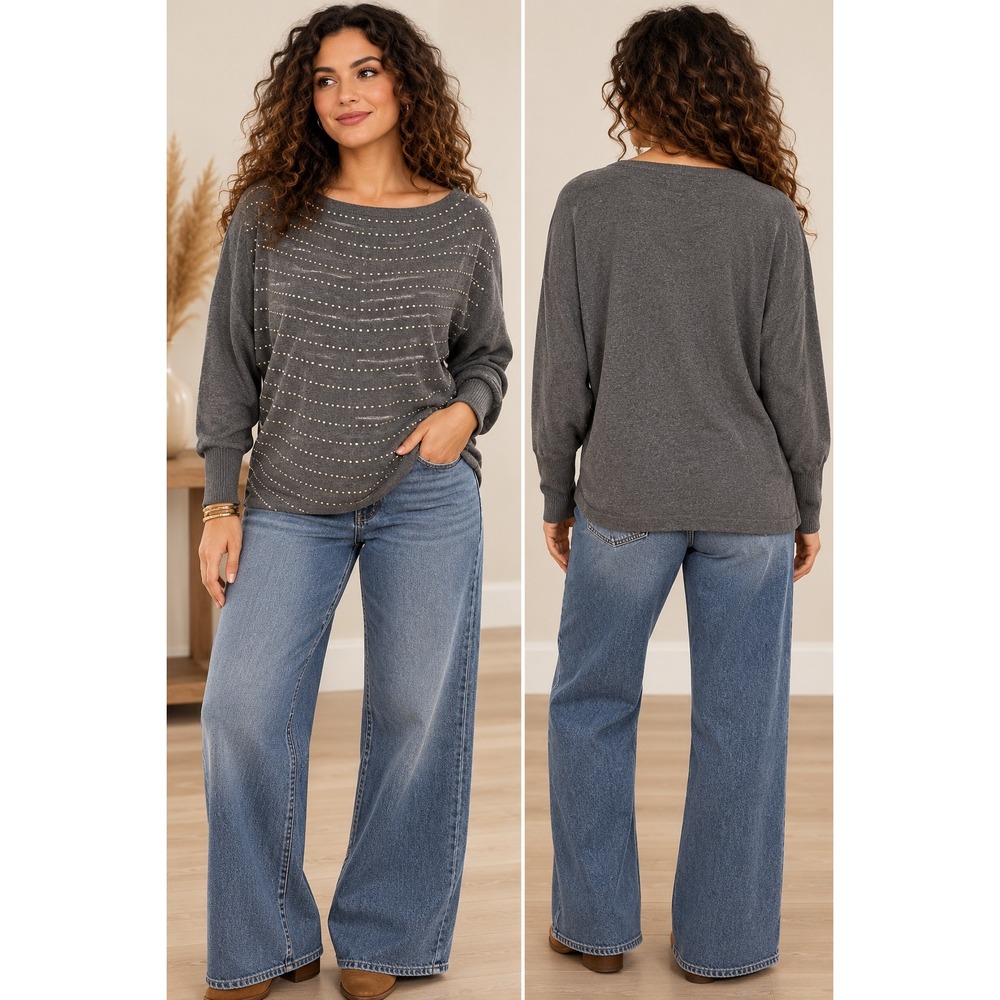 VILA Gray Rhinestone Embellished Batwing Sweater Knit Boat Neck Pullover